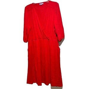 Draper James Womens Fit & Flare Dress 2XL Red‎ 3/4 Sleeve Surplice Neck Pockets